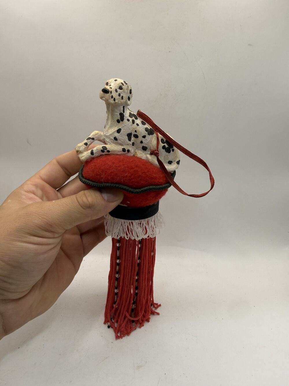 Vintage Dalmatian Dog Decorative Tassel Ornament Red Fringe Beaded Decor *